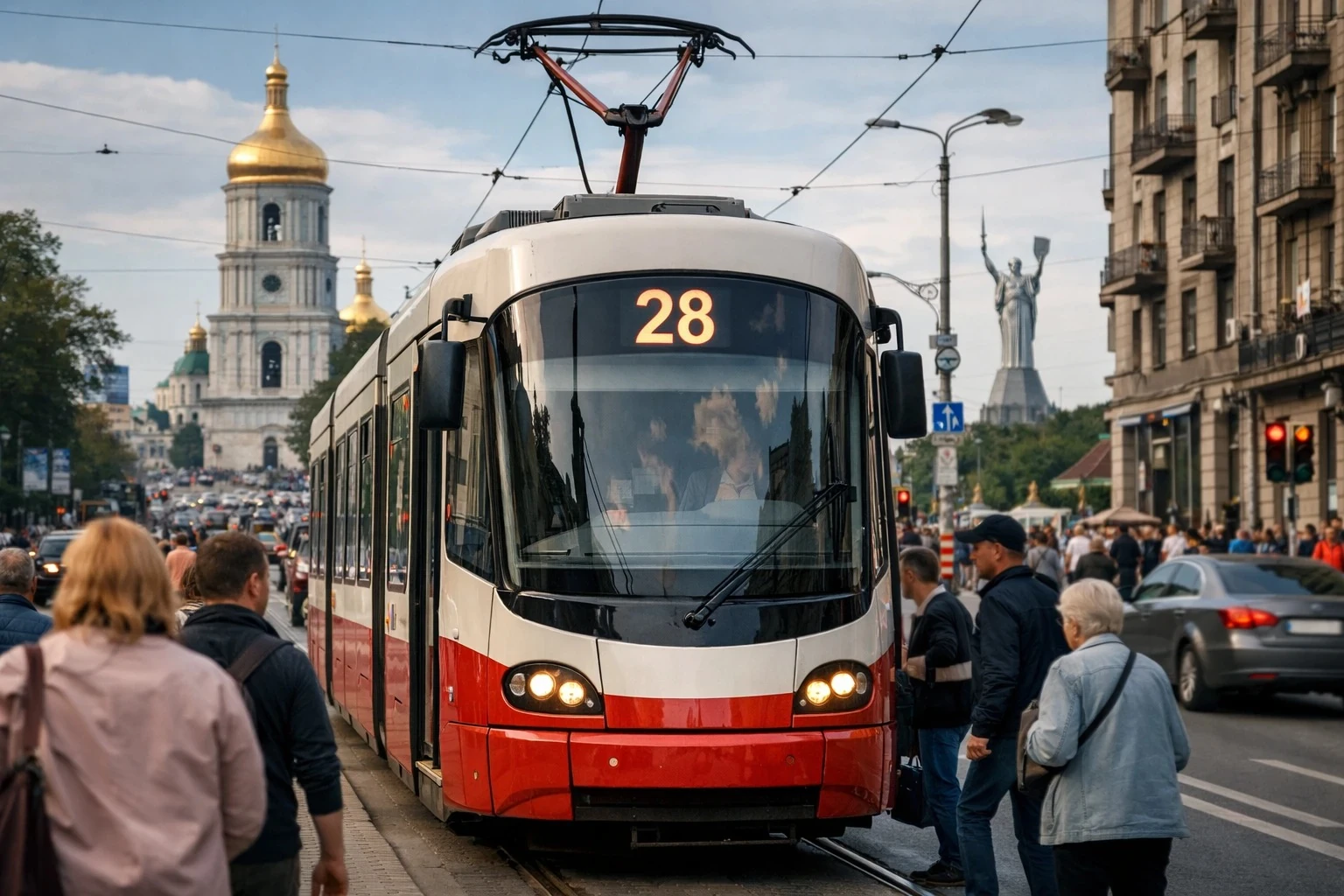 Червоно-білий трамвай маршруту 28 на вулиці Києва біля храму