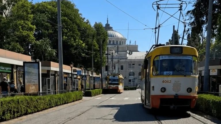 Жовто-білий трамвай 4062 на сонячній вулиці Одеси біля купола театру