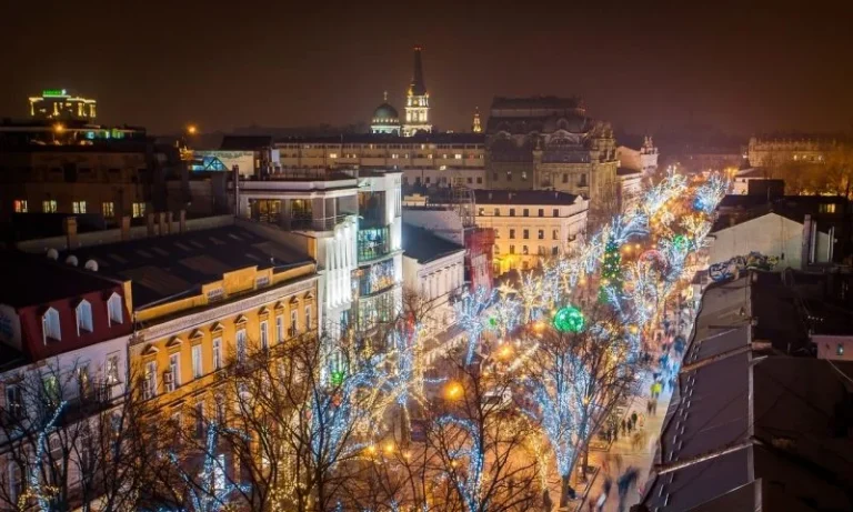 Нічний Київ з гірляндами на деревах і куполом Софійського собору